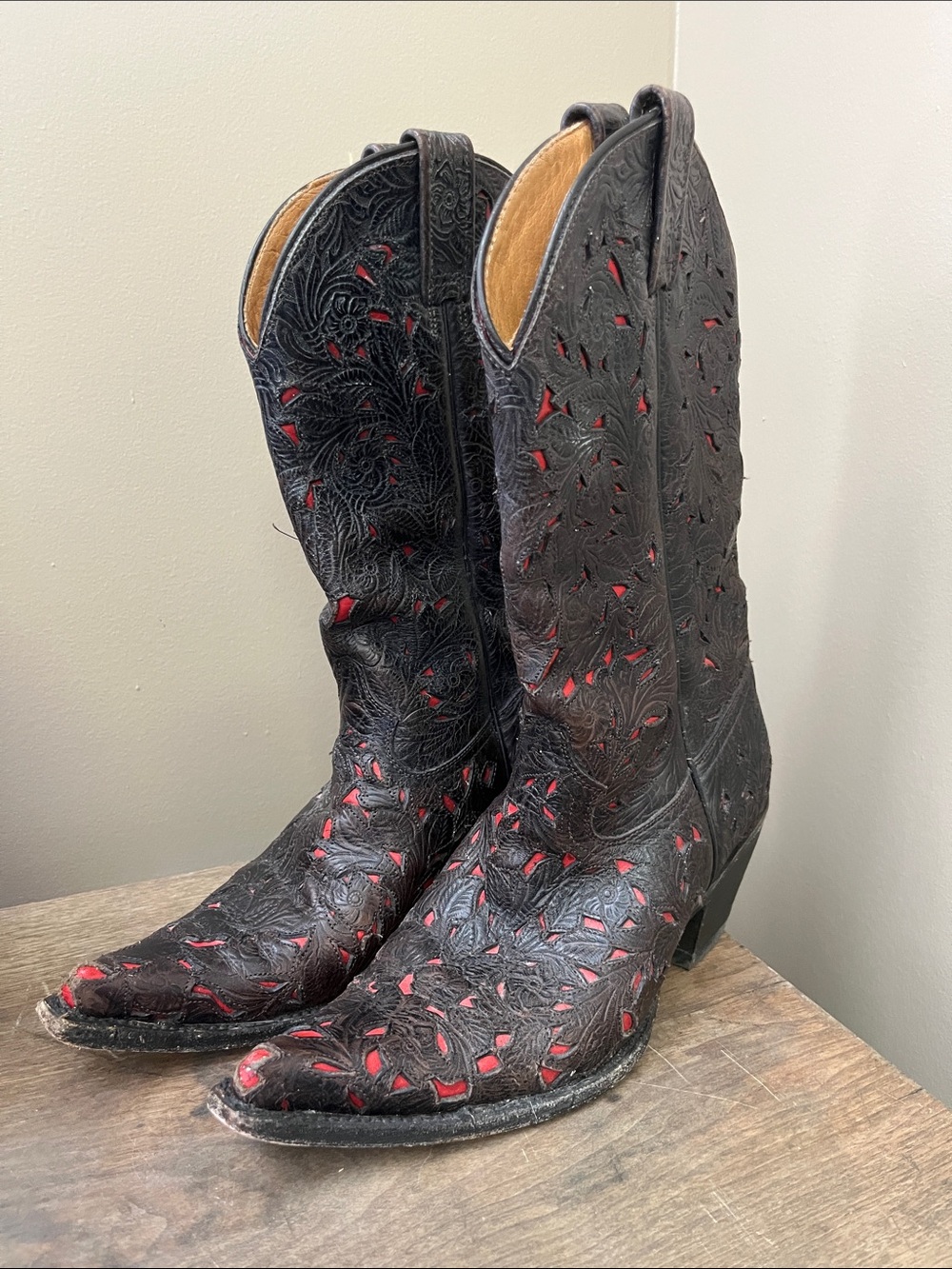 Stetson Beatrix Women’s Brown Leather Western Boots with Red Inlay- 7.5